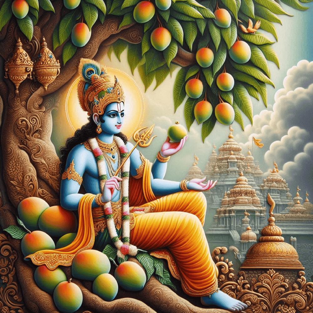 Lord Krishna, associated with the mango tree, showcasing its mythological importance